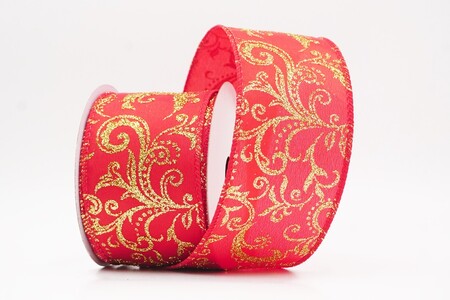 Red/gold Glitter Filigree Scroll Sheer Ribbon_KW0454GC-7G-7